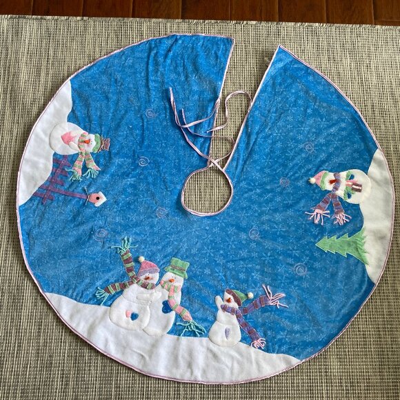Snowman Family Blue Pink Green White Christmas Tree Skirt 42